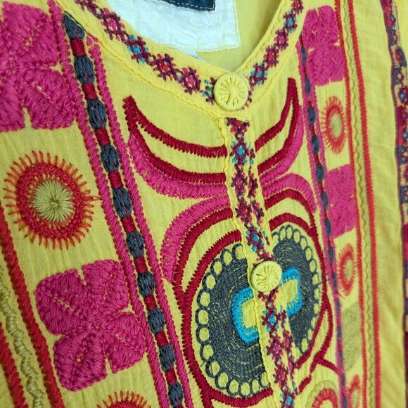 Johnny Was Top S Yellow Tunic Shirt Biya Short Sleeve Embroidered Boho Festival - Picture 2 of 12